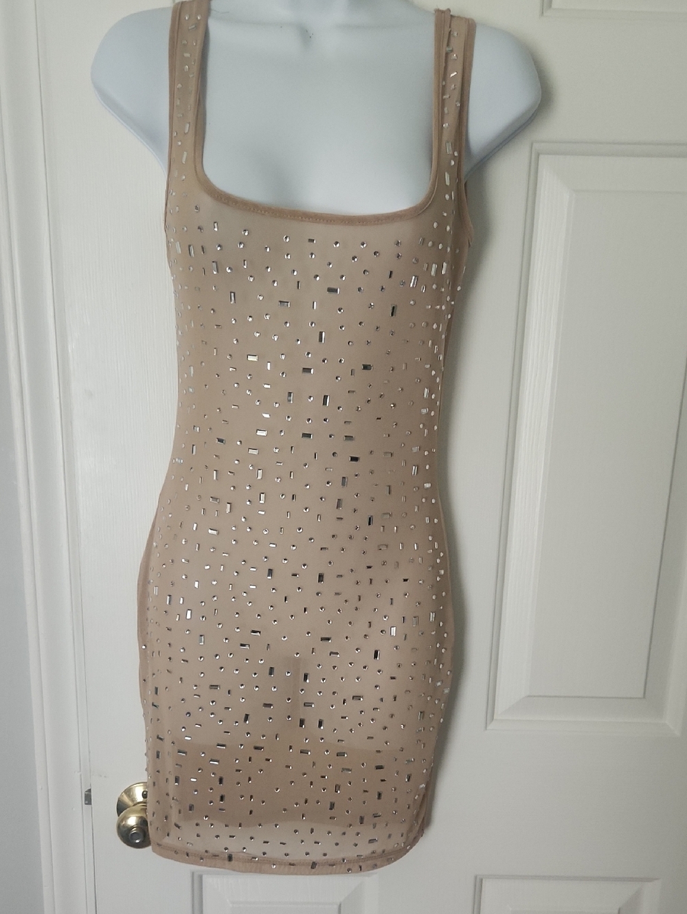 Beige Embellished Mini Dress - Brand: